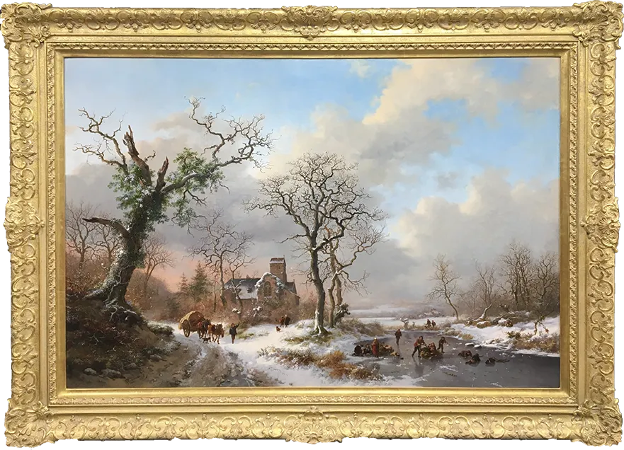 Frederik Marinus Kruseman - Winter Landscape with Skaters and a Covered Wagon Near a Church (framed)