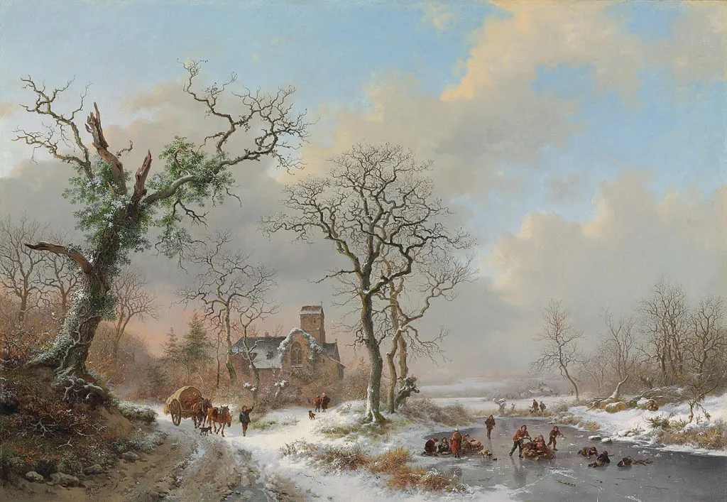 Frederik Marinus Kruseman - Winter Landscape with Skaters and a Covered Wagon Near a Church