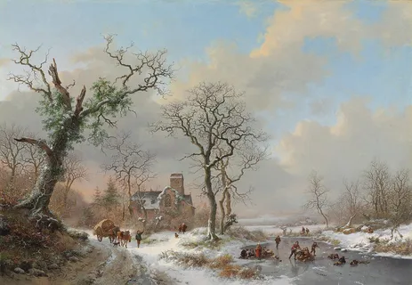 Frederik Marinus Kruseman - Winter Landscape with Skaters and a Covered Wagon Near a Church